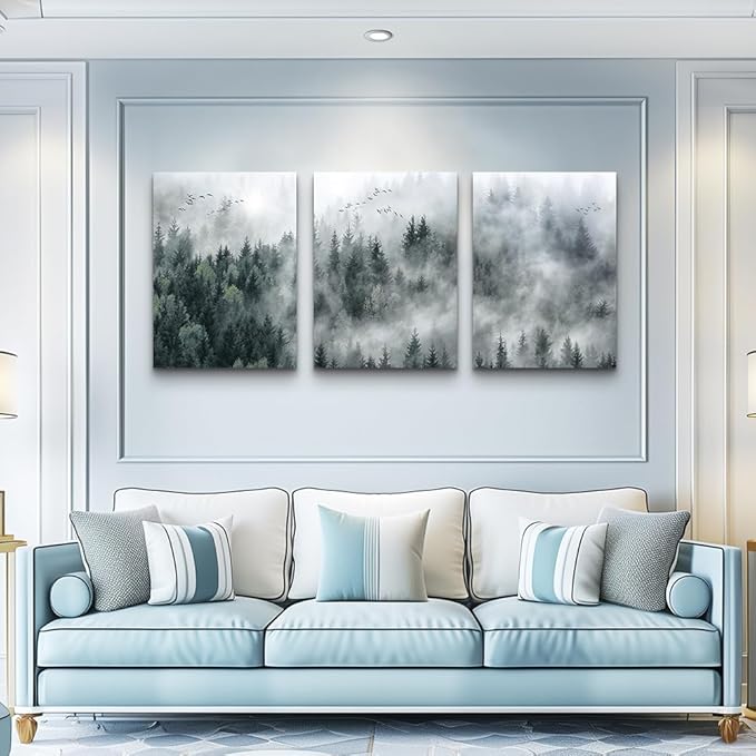 MHARTK66 Wall Decor Living Room Large Size Canvas Wall Art For Bedroom Foggy Forest Trees Landscape Wall Painting Office Decor Wall Decorations Ready To Hang Framed Wall Pictures Home Decor 3 Pieces