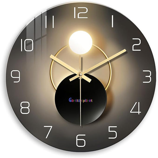 Large Wall Clocks Battery Operated 16 Inch Round Glass Analog Wall Clock Silent Black and Glod Quartz Wall Clock for Bedroom