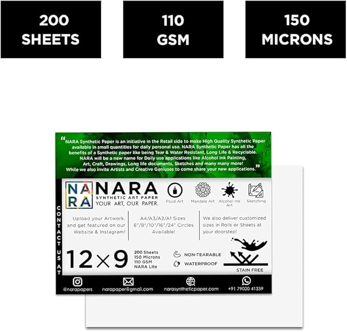 NARA Alcohol Ink Paper | White | 12 inches x 9 inches (12”x9”) | 150 microns/110 GSM | 200 Sheets| Lite Paper | Paper for Alcohol Ink Art Painting | 100% Stain-Free