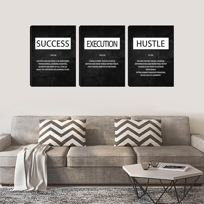 Unbruvo Motivational Canvas Wall Art - 3 Panel Inspirational Quotes Wall Decor, Hustle Success Office Decor, Positive Saying Poster for Living Room, Bedroom, Classroom(60x28 inch)