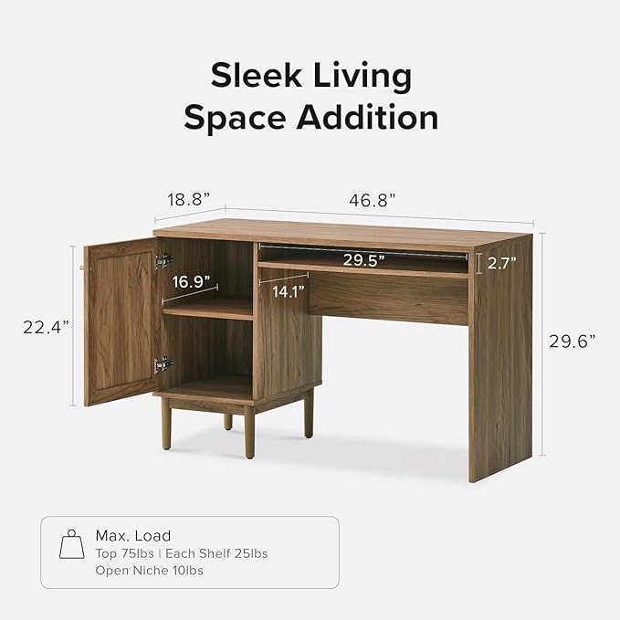 mopio Haylee Boho Farmhouse Writing Desk, with Natural Rattan Exterior Door, Ample Storage, Adjustable Shelves, for Study, Vanity, Makeup, & Work, in Bedroom, Home Office