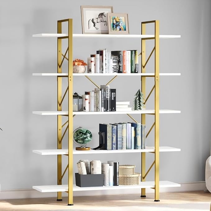 DWVO 5 Tier Gold Bookshelf, 70.9" Tall Book Shelf and Bookcase, Vintage Large Open Storage Rack Shelves for Living Room/Bedroom/Home/Office, Gold & White