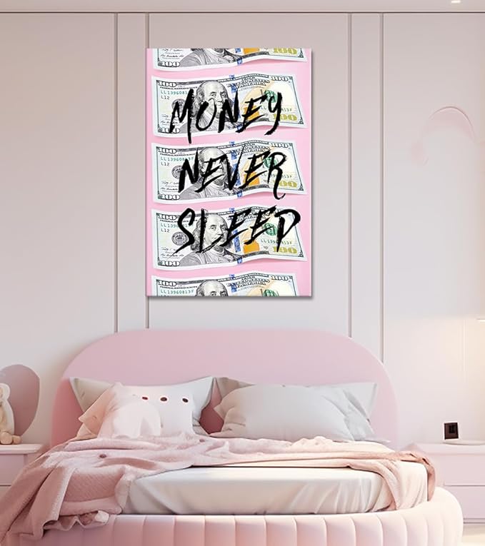 Money Never Sleep Wall Art - Modern Pink Background with Dollar Bill Prints Inspirtaional Quote Poster Motivational Wall Decor for Office Home Bedroom Living Room, Framed Large 28"x44"