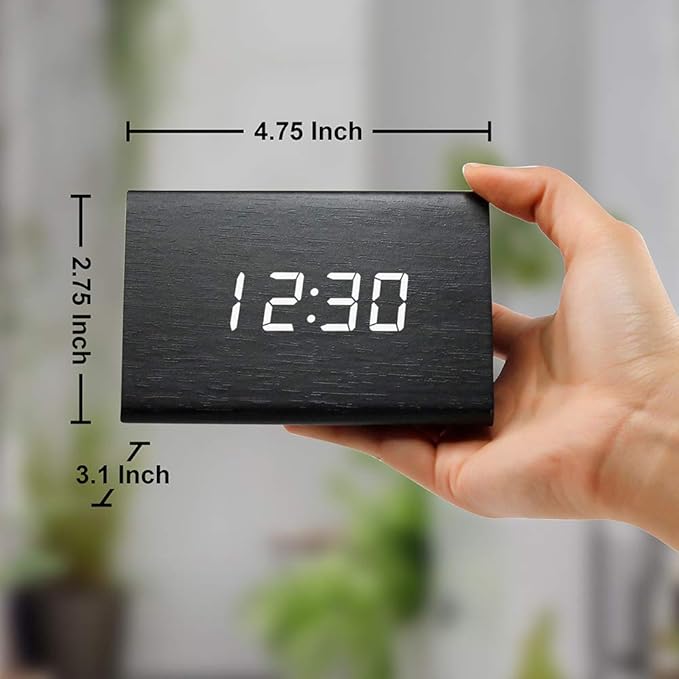 OCT17 Wooden Wood Clock, New Version LED Alarm Digital Desk Clock Adjustable Brightness, Alarm Time, Displays Time Date Temperature - Black
