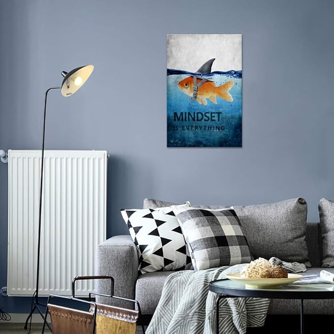 Goldfish Shark Canvas Wall Art Inspirational Entrepreneur Quotes Poster Mindset is Everything Motivational Painting Picture Print Artwork for Living room Bedroom Office Home Decor Framed (12" Wx16 H)