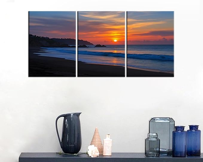 Nature Landscape Canvas Wall Art Sandy Beach at Dusk Posters Print Seaside Scenery Picture Painting for Modern Home Kitchen Bedroom Office Hotel Wall Decoration Artwork Ready to Hang [36''W x 16''H]