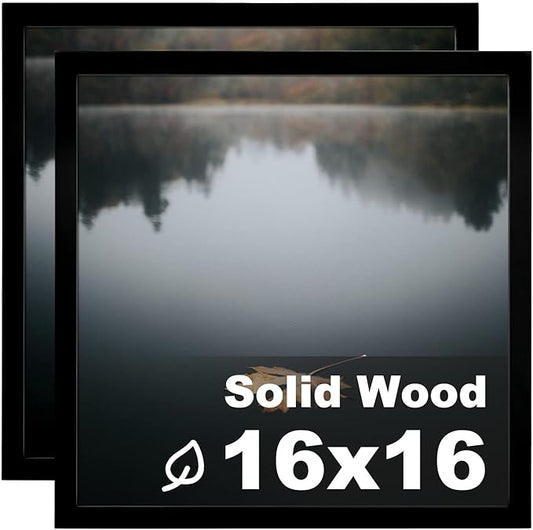 Egofine 16x16 Picture Frame Wood Black, Mats 9 Opening 4x4 Pictures, Display Multiple 4x4 Pictures, Covered by Plexiglass, Set of 2