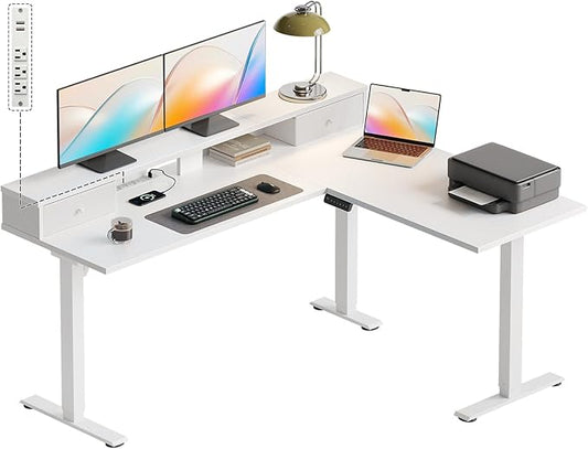 Casaottima 59 Inch Electric L-Shaped Standing Desk with Drawers, Height Adjustable Stand Up Corner Desk with Monitor Stand, Lift Table for Home, Office, Workstation, White
