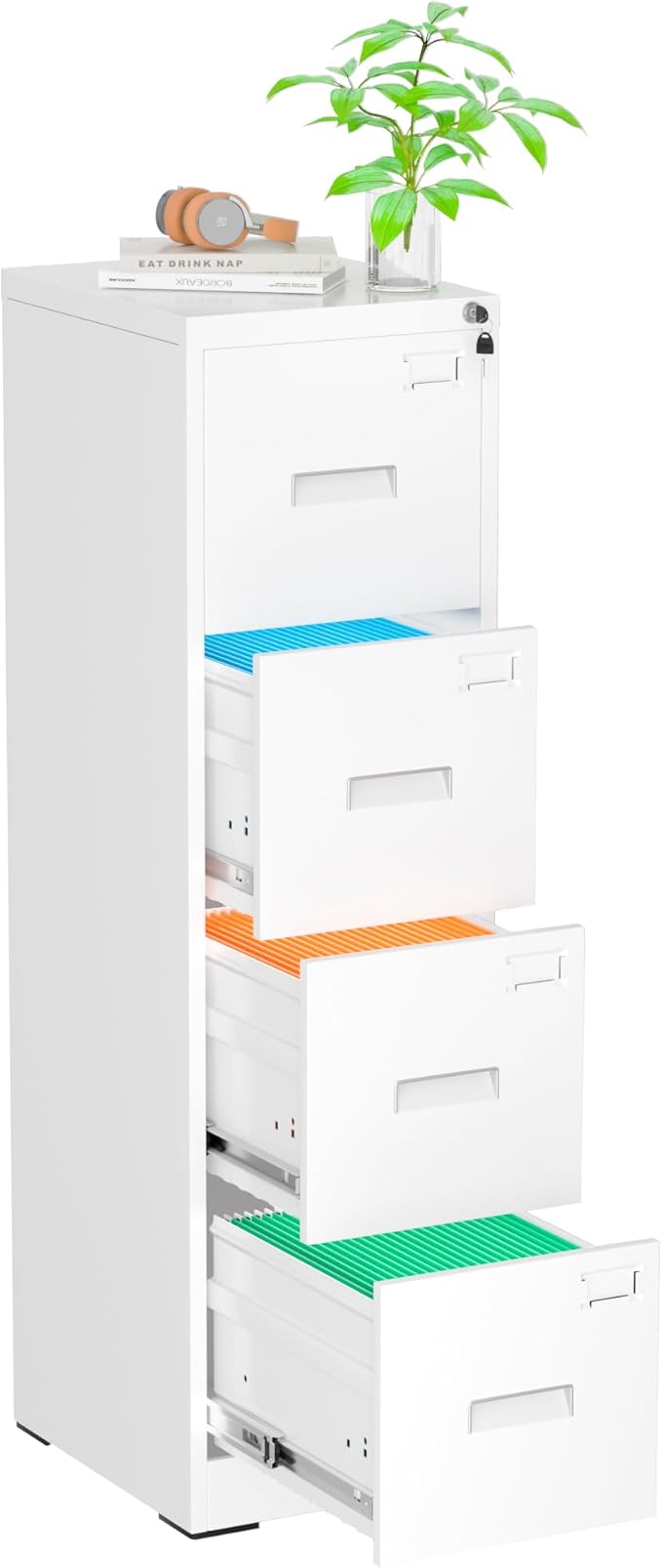 Pataku 4 Drawer File Cabinet with Lock, Sturdy Metal Vertical Filing Cabinets for Home Office, Under Desk Paperwork Storage Fully Extendable Slides Letter Legal A4 Size 18x15x52 Inches, White