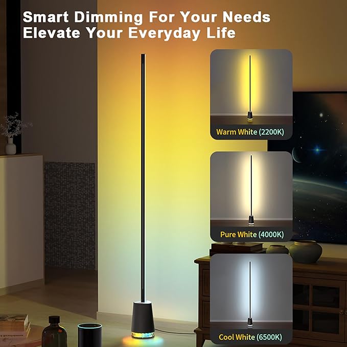 65in Smart Floor Lamp Plus with 36wBluetooth Speaker RGB+ICWW 16 Million Colors LED & Music Sync Alexa & Google Voice Control Corner Light for Living Room Bedroom 1600 Lumens Standing lamp