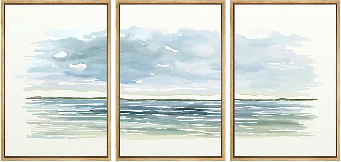 SIGNWIN Framed Canvas Print Wall Art Set Blue Watercolor Ocean Scene Coastal Beach Horizon Illustrations Modern Art Decorative Abstract for Living Room, Bedroom, Office - 16"x24"x3 Natural