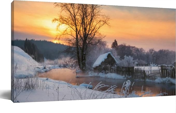 House the village near the river against the backdrop the mountains a Canvas Wall Art Large Framed Prints Pictures Wall Decor Posters Painting Artwork for Living Room Bedroom Kitchen Bathroom 24x47