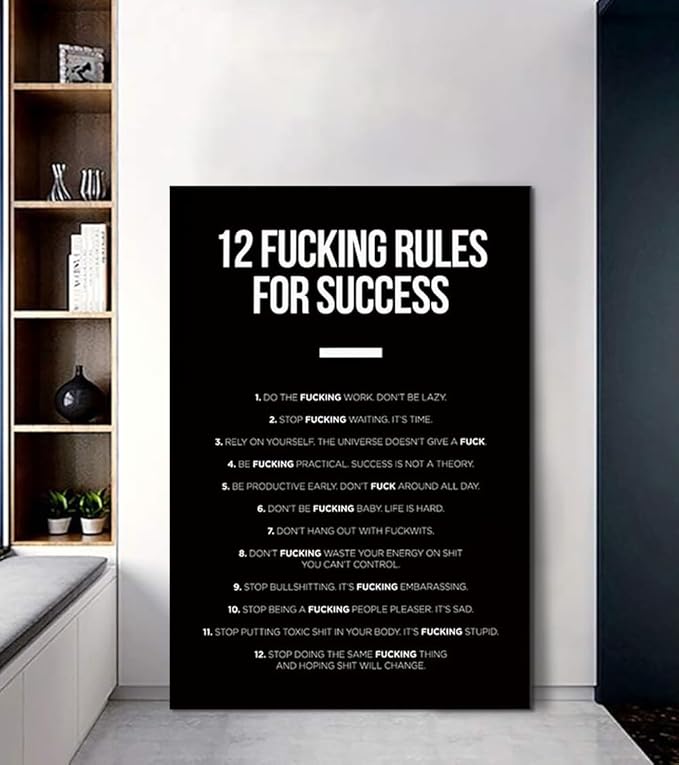 Yatsen Bridge Motivational Wall Art 12 Fucking Rules for Success Canvas Print Inspirational Office Decor for Entrepreneurs Black and Gold Home Decor Framed Ready to Hang 44x28 inch