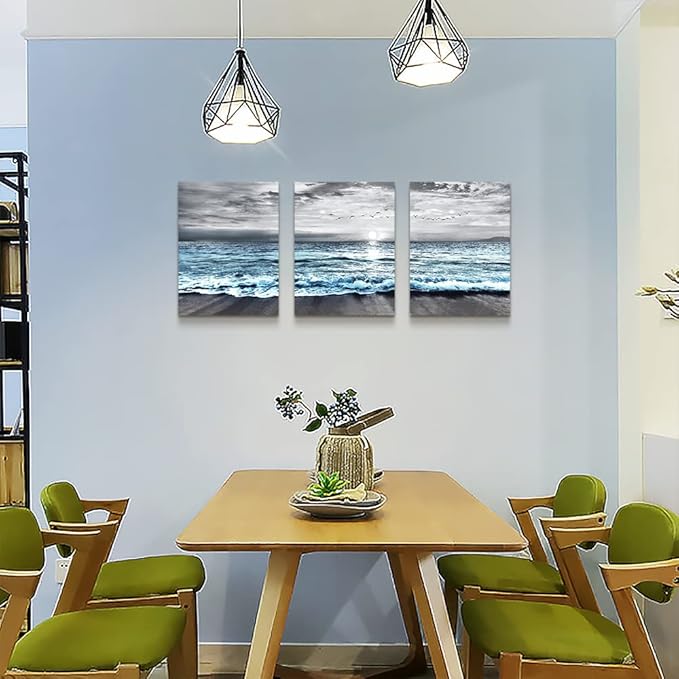 Framed Canvas Wall Art - 3 Piece Set: Black & White Blue Ocean Sea Wave Pictures - Modern Beach Posters for Living Room, Bedroom & Office Wall Decor