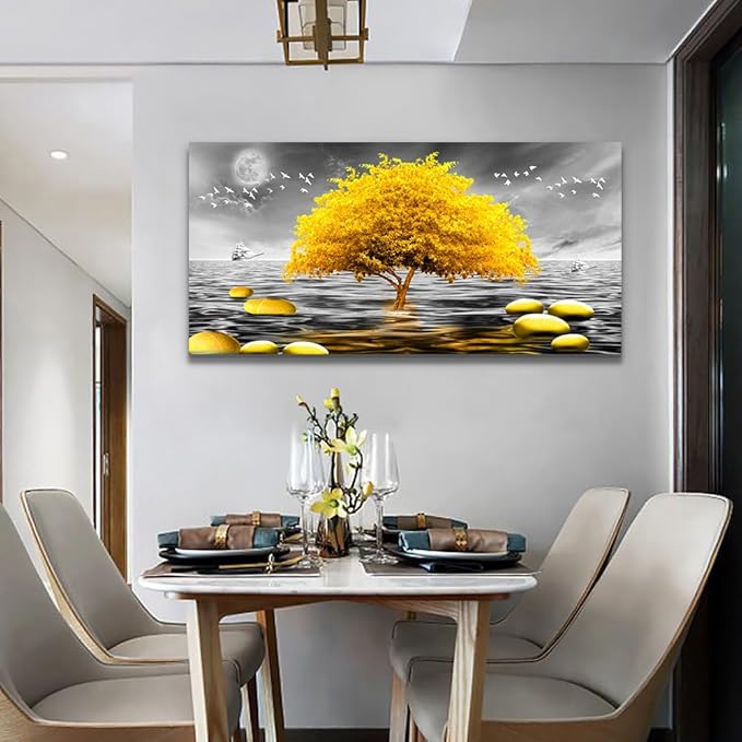 Wapluam Canvas Wall Art - Large Wall Decor for Living Room, Bedroom & Office - Modern Black & White View with Yellow Tree Pictures - 40x20 in