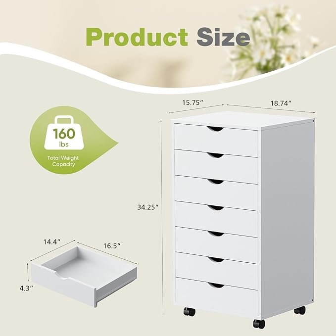 NEWBULIG 7 Drawers File Cabinet Under Desk Storage with Wheels Small Rolling Office Filing Cabinets Chest of Dawers for Home Office White