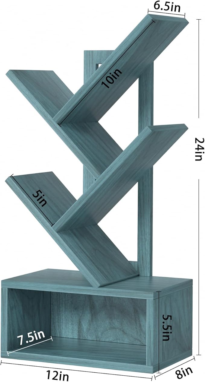 Small Tree Book Shelf,5 Tier Black Tree Bookshelf,Blue Desktop Bookcase,Modern Desk Display Storage Bookshelves,Floor Standing Organizer Bookcases for Living Room,Bedroom,Office-Blue