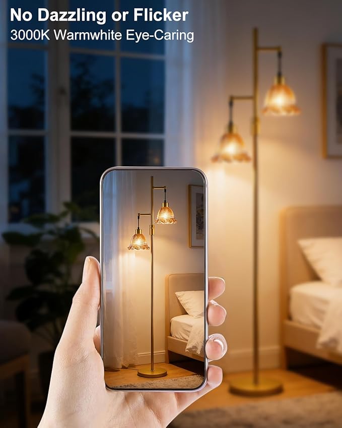 Lightdot 2- Light Gold Floor Lamp for Living Room, 65IN Dimmable Floor Lamps with Brown Glass Shade&3000K Warm White Bulbs, Modern Standing Tall Lamp for Bedroom Office