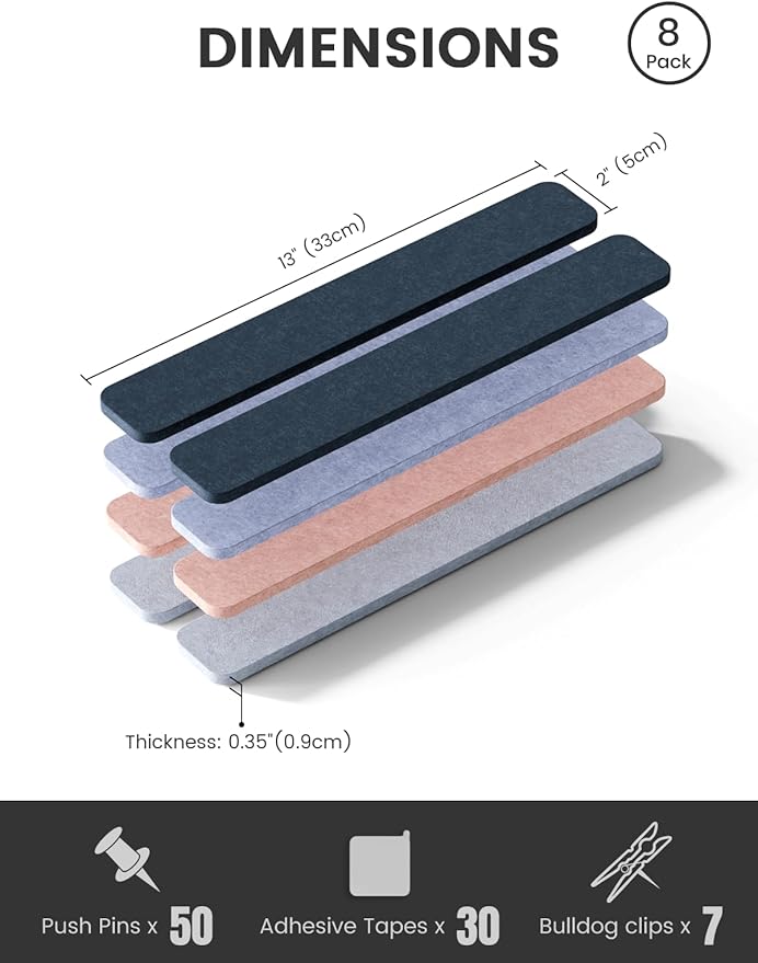 Cork Board Alternative Felt Strip Board 8-Pack 13"x2", Office Pin Board with 50 Push Pins, Adhesive Install for Bedroom Door & Home Office(Heather Grey)