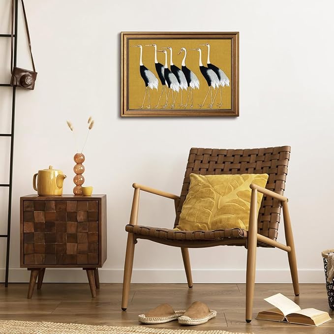 Gold Framed Wall Art Vintage Canvas Wall Art Seven Cranes Animals Artwork Artwork Prints Picture for Living Room Bedroom Farmhouse Bathroom Office Decor, 16x24