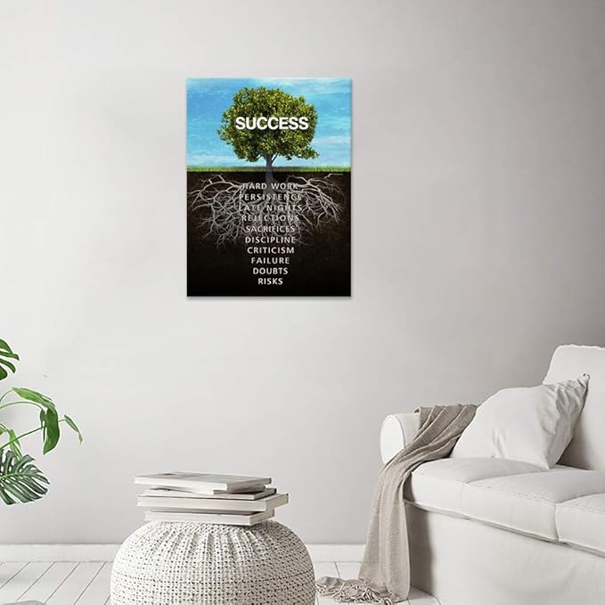 Modern Inspirational Picture Wall Art Success Tree Motivational Teamwork Quotes Canvas Painting Living Room Wall Decor Artwork Stretched and Wooden Frame Easy to Hang - 18''Wx24''H