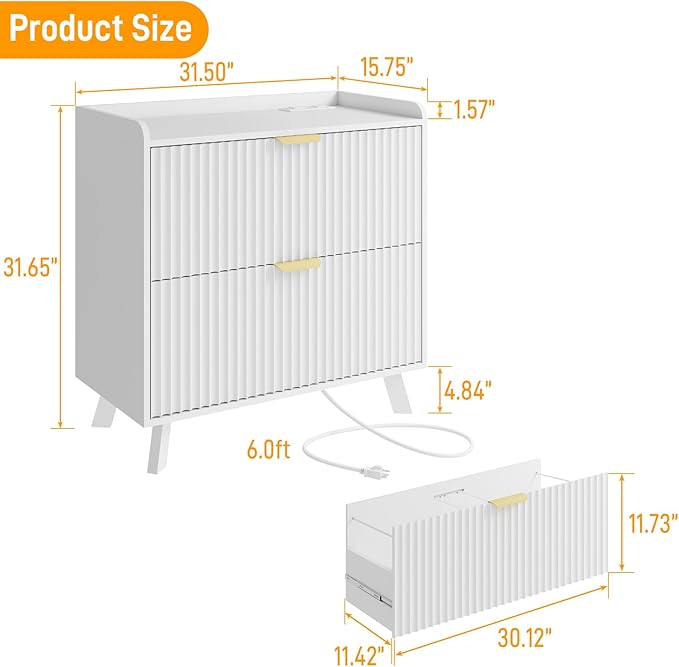 Lateral File Cabinet with Charging Station, Modern Fluted 2 Drawer File Cabinet for Letter/Legal/A4 Size Hanging Files, Large Wood File Storage Cabinets Printer Stand for Home Office, White