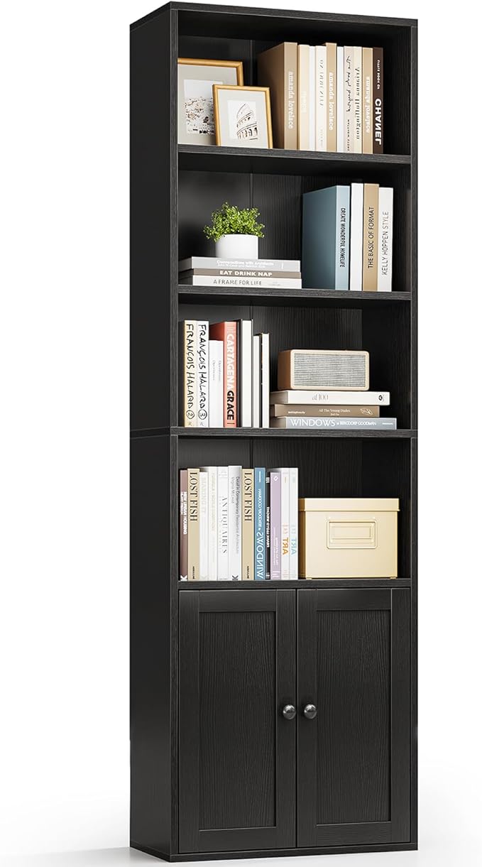 Casaottima Bookshelf and Bookcase with Doors, Floor Standing 6-Tier Shelf Display Storage Shelves, Tall Bookcases for Home Office, Living Room, Black