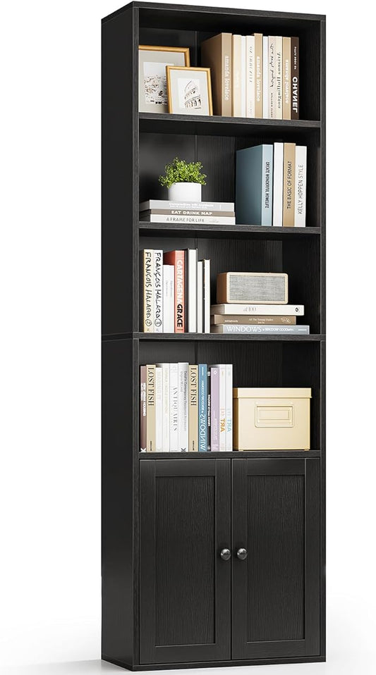 Casaottima Bookshelf and Bookcase with Doors, Floor Standing 6-Tier Shelf Display Storage Shelves, Tall Bookcases for Home Office, Living Room, Black