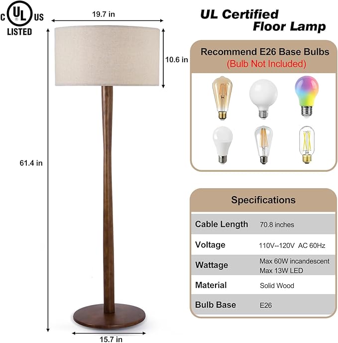 62" Tall Rustic Wood Floor Lamp for Living Room, Farmhouse Walnut Wood Floor Lamps with Linen Shade, UL Listed Standing Lamps with Wooden Base for Bedroom, Corner, Living Room, Office, Beige Shade