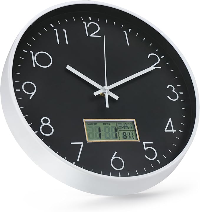 Wall Clock with LCD Display Non-Ticking Silent Quartz Movement Decor Clock with Perpetual Calendar and Temperature Modern Style Round Wall Clocks for Office/Living Room/Bedroom(Black, 12inch)
