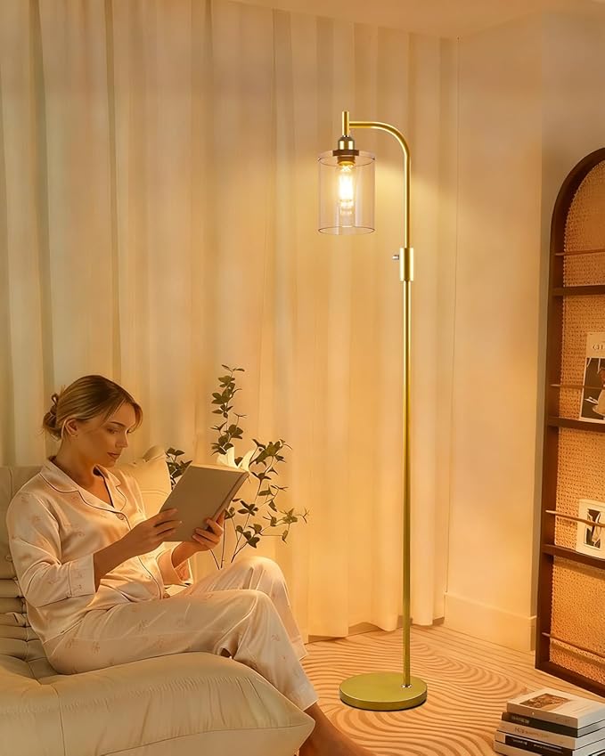 Lightdot 63IN Glass Floor Lamp for Living Room, Dimmable Gold Floor Lamps with Clear Glass Shade, Mid Century Modern Standing Lamps with Bulb Included for Bedroom/Sofa Beside/Corner Decor-Gold