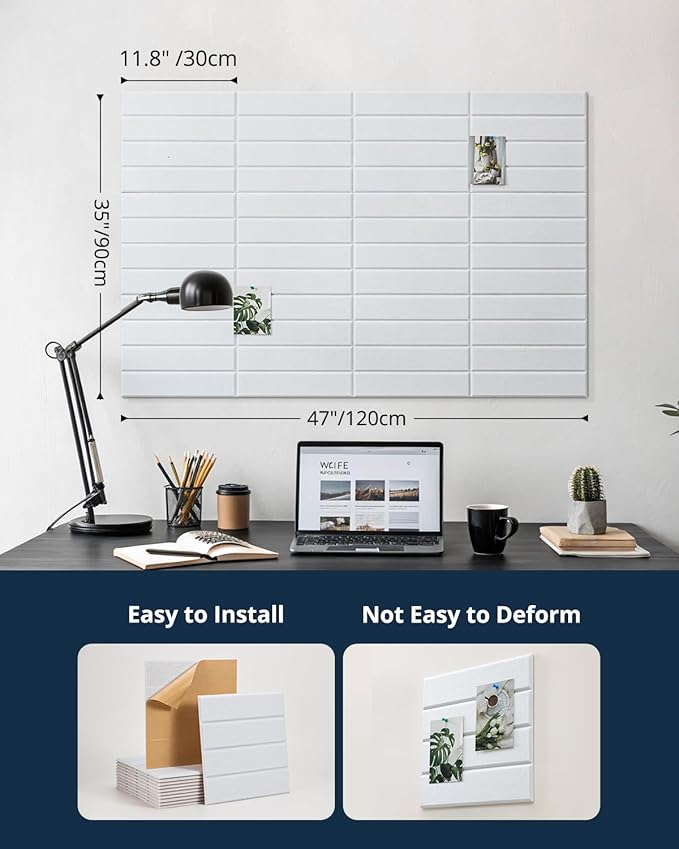 Large Cork Board, 12 Pack 12"X12"X0.4" Felt Bulletin Board Tiles with Self Adhesive for Wall Home Office Decor, Pin Cork Boards-White