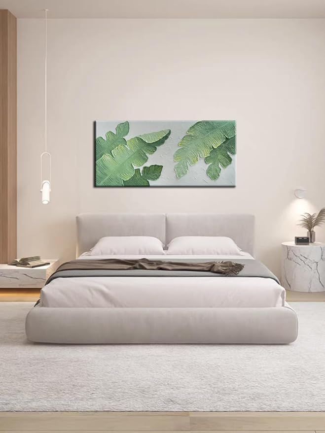 YaSheng Art- Handmade Modern Wall Art Oil Paintings , 3D Textured Wall Art Green Large leaf plant Artwork paintings ,Modern Minimalist Abstract Wall Art painting, Wall Art for living room Bedroom Wall Deco Home, Framed Wall Art Pictures 24X48 Inches