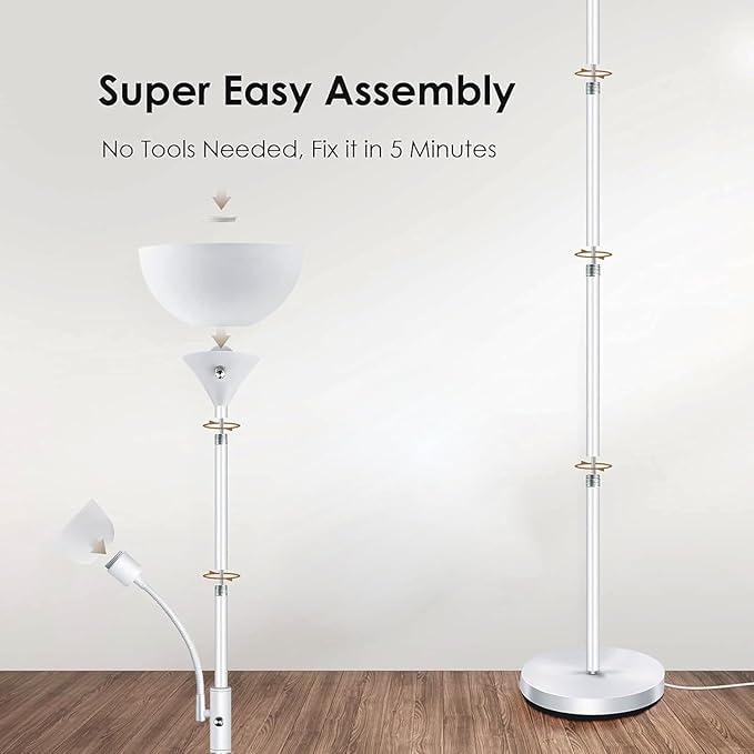 Torchiere Floor Lamps for Living Room, Standing Lamp, 71" Tall Pole Lamps with Adjustable Reading Light, 3-Way Rotary Switch, Plastic Shade, Bright Torch Corner Lamp for Bedroom, White(E26, No Bulb)