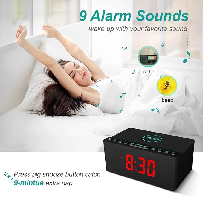 ANJANK Wooden Digital Alarm Clock FM Radio,Qi Certified Fast Wireless Charger Station for iPhone/Samsung,Dimmable LED Display,USB Charging Port,Sleep Timer,Wood Modern Clock for Bedroom Bedside(Black)