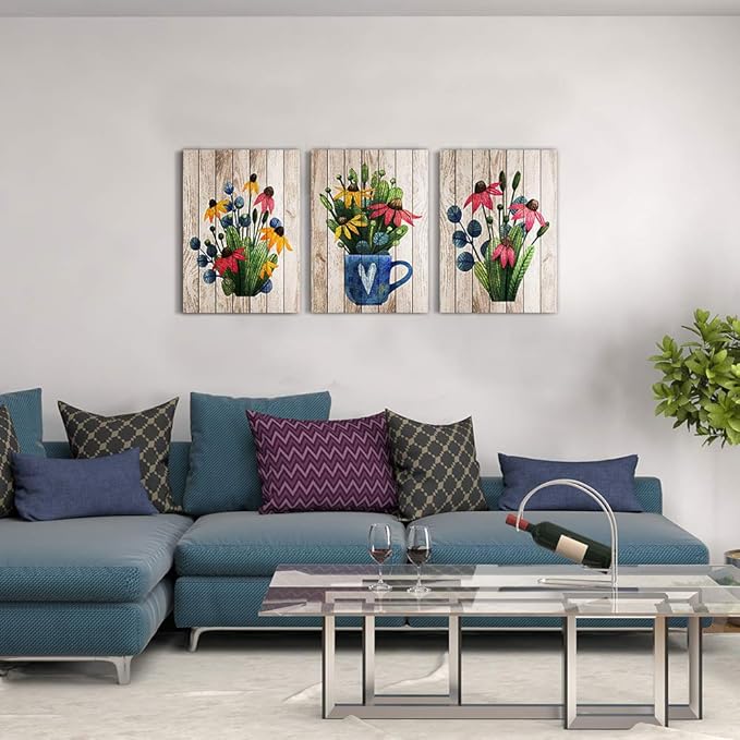 Lapremoly 3 Piece Large Framed Canvas print Artwork Wall Art for Kitchen Wall Decor for Living Room Bedroom Decorations Room Wall Decor Modern Office Home Decor Vintage Wood Grain Flowers Paintings