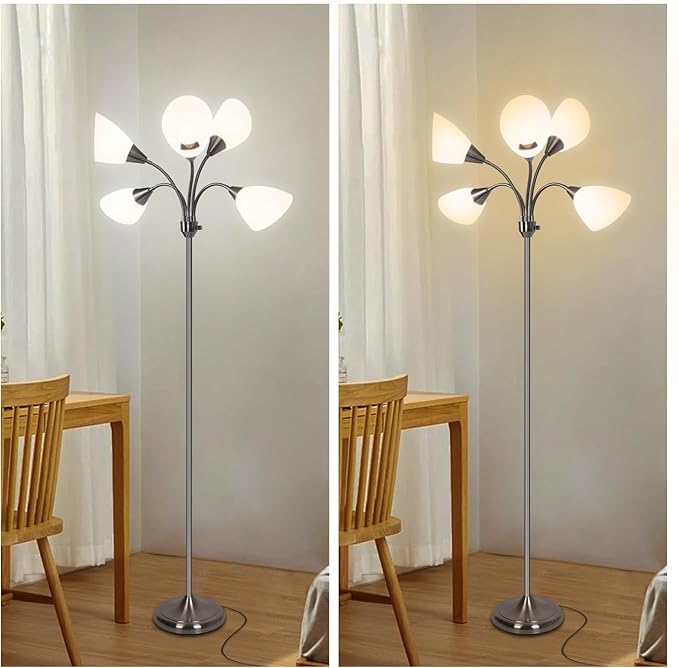 HonoDing Medusa Floor Lamp Standing Lamp 5 Heads Adjustable Reading Light Large Shade Use E26 A19 Bulb for Living Room Bedroom Satin Nickel