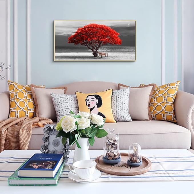 Framed Canvas Wall Art For Living Room Large Size Wall Decor For Bedroom Black White With Beach Wall Painting Moon Red Trees Canvas Pictures Artwork Boho Home Decorations Natural Wood Framed 24" X 48"