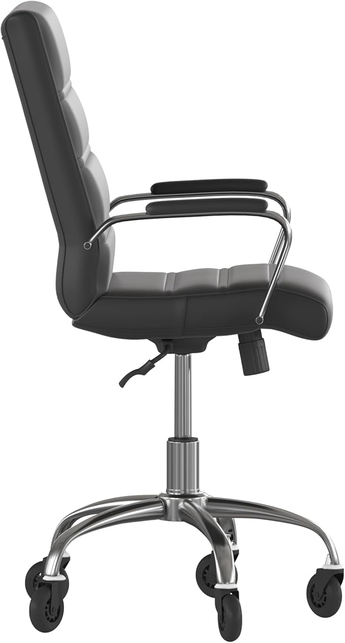 Flash Furniture Camilia Mid-Back Black LeatherSoft Executive Swivel Office Chair with Chrome Frame, Arms, and Transparent Roller Wheels