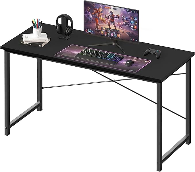 OLIXIS 55 Inch Computer Office Desk for Small Spaces, Writing Gaming Work Desk Modern Study Table with Storage Bag & Headphone Hook Home Bedroom, Black