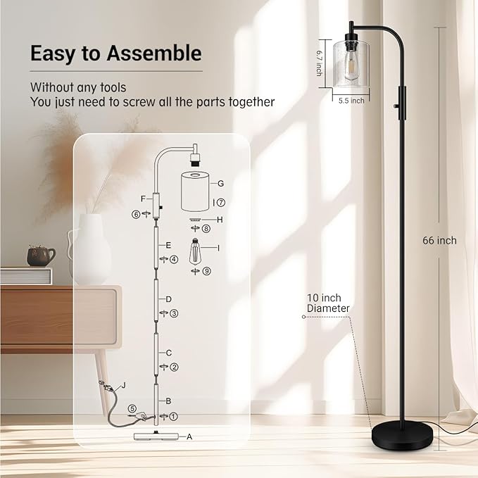 BoostArea Dimmable Standing Lamp with Seeded Glass Lampshade, 6W LED Bulb Included, Modern Industrial Lamp for Living Room, Bedroom, Office