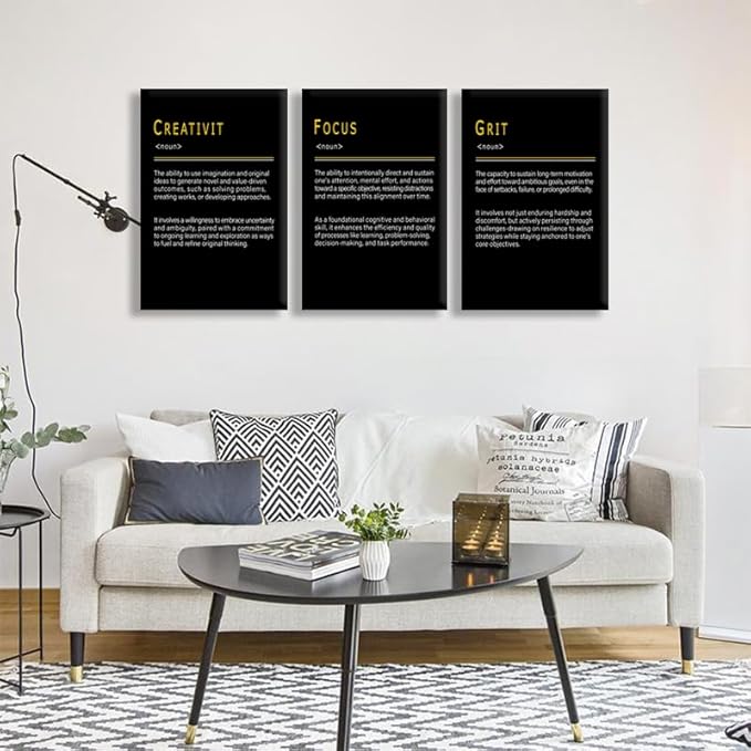 WYJDFART Motivational Wall Art CREATIVITY FOCUS GRIT Noun 3 Pieces Printed Canvas Poster Inspirational Wall Decor for Office Home School Bedroom Workplace Framed Ready to Hang [72''Wx 36''H]