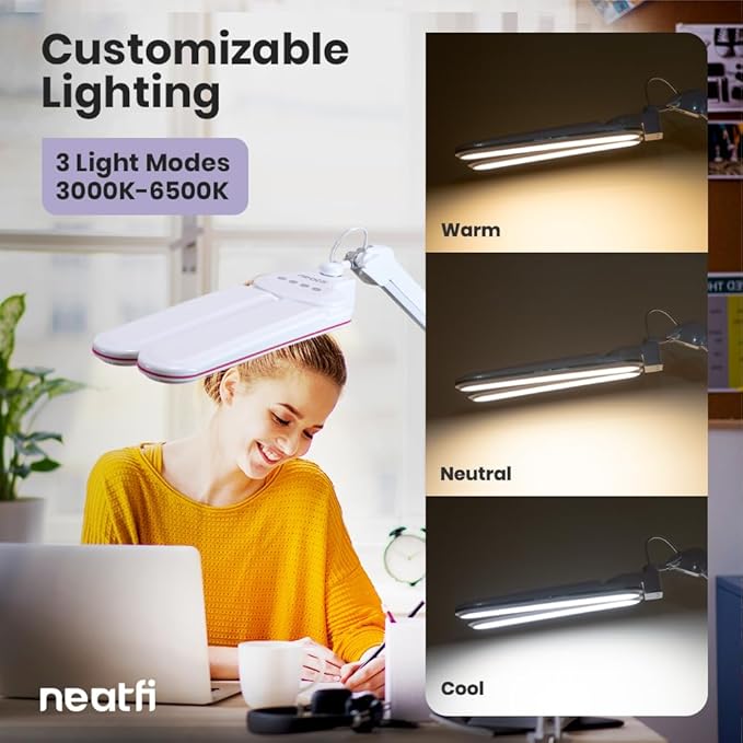 Neatfi Elite HD XL LED Desk Lamp | 3 Light Modes | Non-Polar Dimming | Eye-Caring Desk Light for Home Office, Drafting, Beauty Shop, Workbench (Pink Ring, CCT with Clamp)