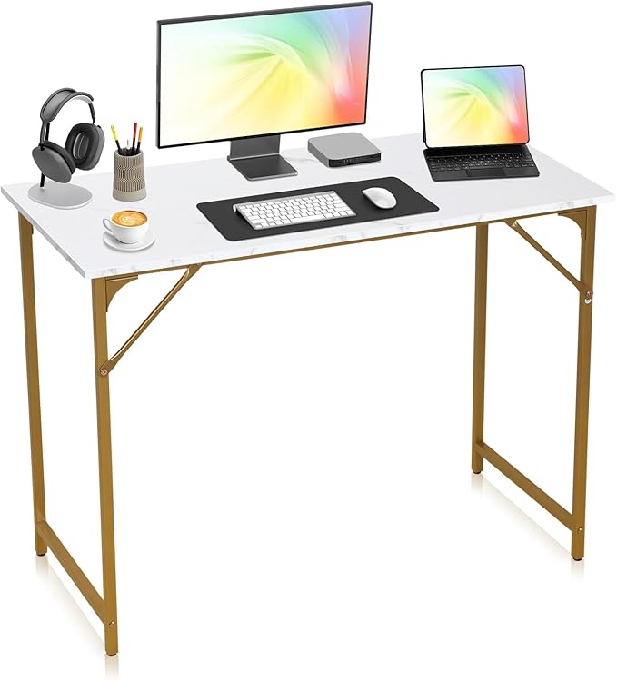 Computer Desk, 39 Inch Office Desk with Metal Frame, Home Office Desk, Modern Simple Style for Small Space Home Office, Living Room, Bedroom, White Gold