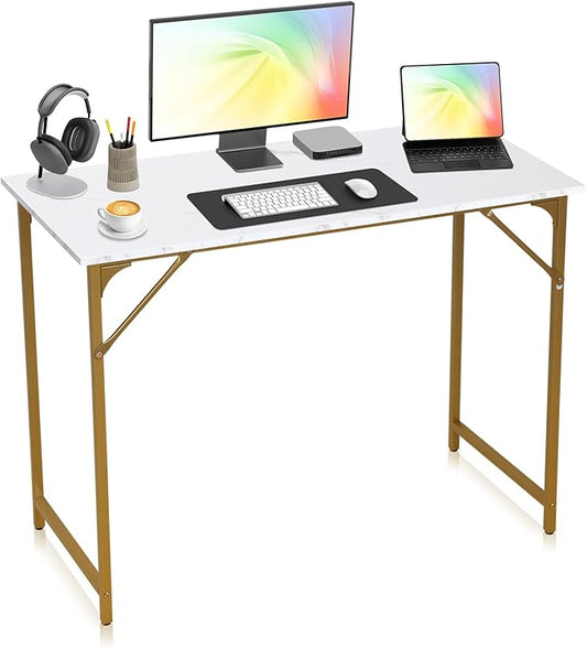 Computer Desk, 39 Inch Office Desk with Metal Frame, Home Office Desk, Modern Simple Style for Small Space Home Office, Living Room, Bedroom, White Gold