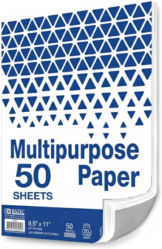 BAZIC Products Blank Paper Copy & Multipurpose Paper - 8.5" x 11" White Color Printer Paper for Inkjet, Laser, and Fax Machines, Ideal for Home, Office, and School, 50 Sheets/Pack, 1-Pack