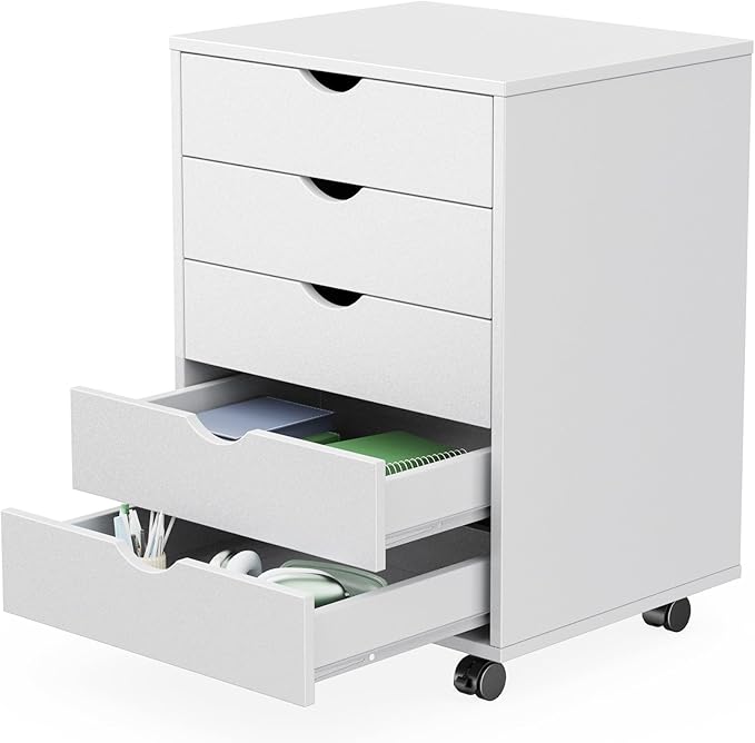 NEWBULIG 5 Drawers File Cabinet Under Desk Storage with Wheels Small Rolling Office Filing Cabinets Chest of Dawers for Home Office White