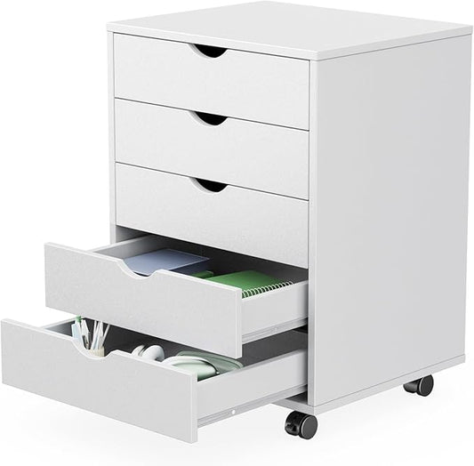 NEWBULIG 5 Drawers File Cabinet Under Desk Storage with Wheels Small Rolling Office Filing Cabinets Chest of Dawers for Home Office White
