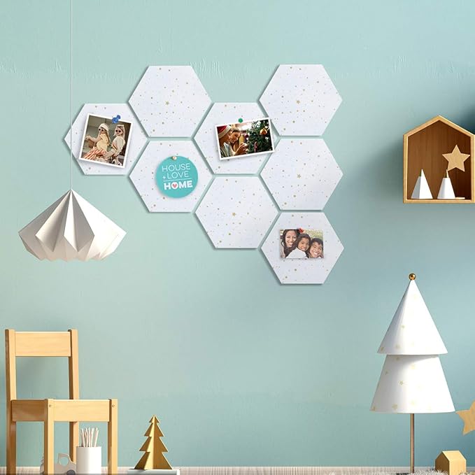 Felt Hexagon Bulletin Board with 20 Push Pins, Pack of 8 Notice Boards for Home Office Kitchen, Push Pin Board Felt Wall Tiles for Photos Memos