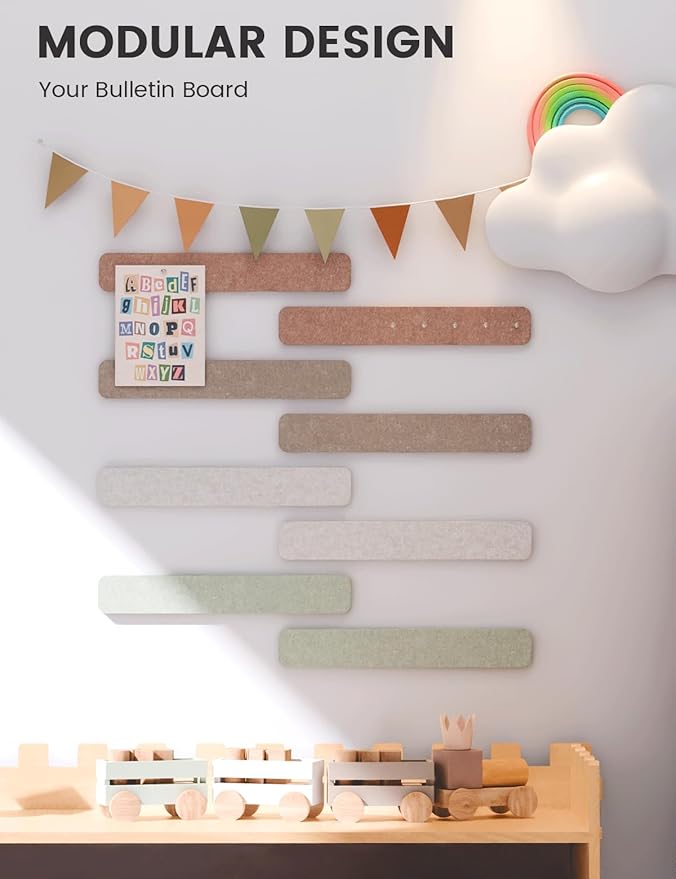 Fluxynara Cork Board Alternative Felt Strip Board 8-Pack 13"x2", Office Pin Board with 50 Push Pins, Adhesive Install for Bedroom Door & Home Office(Boho)